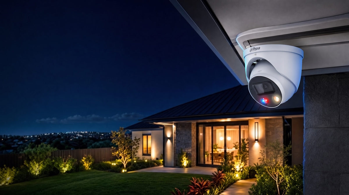 Dahua TiOC turret security camera with red and blue deterrence lights on a Sydney home at night