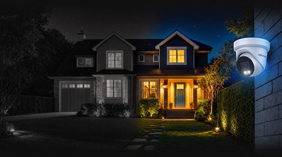 Hikvision ColorVu security camera capturing full-colour night vision footage of a dark driveway