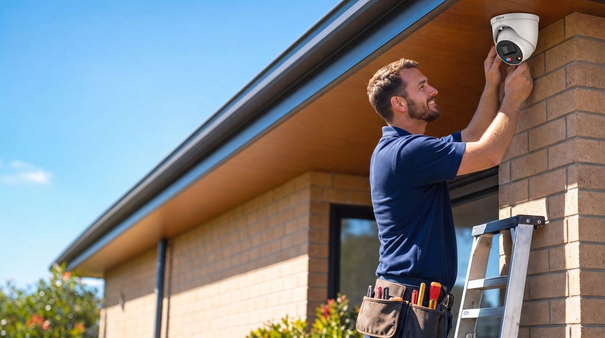 Licensed AARA technician installing a Dahua security camera at a Sydney property