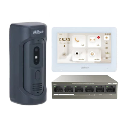 Dahua 7″ Touchscreen Video Intercom Kit — VTO2101E-P-S2 Door Station & 4-Port PoE Switch