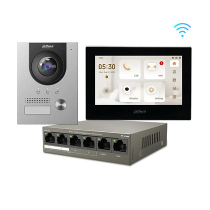 Dahua IP Video Intercom Kit — VTO2202F-P-S2 Door Station, Wi-Fi 7″ Monitor (Black/White) & PoE Switch