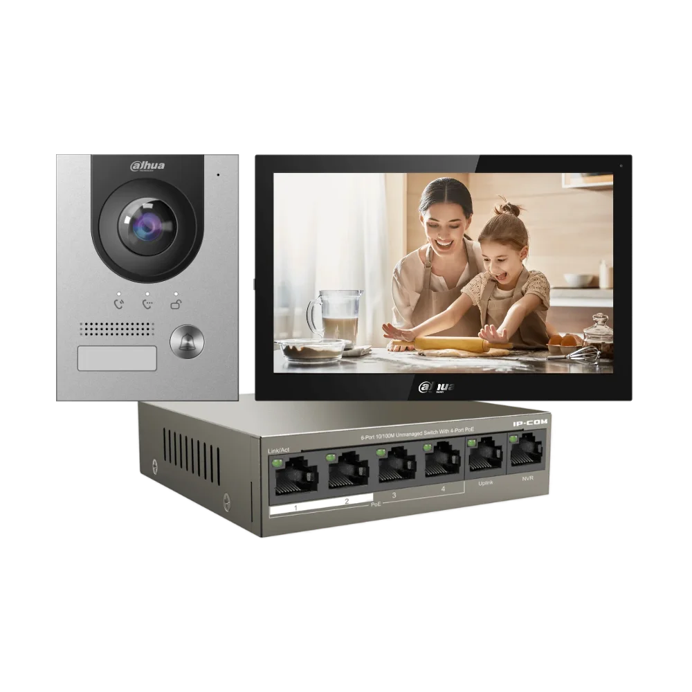 Dahua 10″ Android Video Intercom Kit — VTO2202F-P-S2 Door Station & 4-Port PoE Switch — image 1