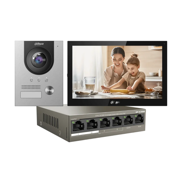 Dahua 10″ Android Video Intercom Kit — VTO2202F-P-S2 Door Station & 4-Port PoE Switch — image 1