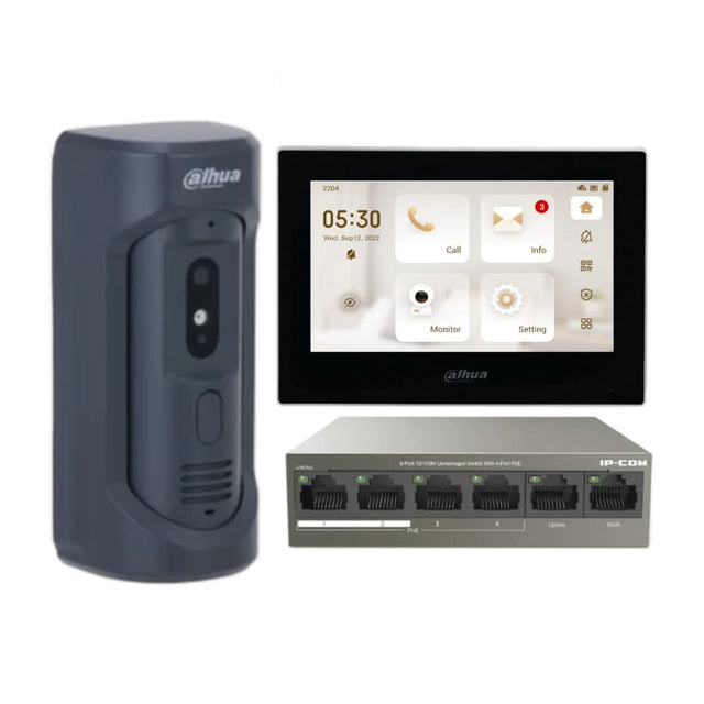 Dahua 7″ Touchscreen Video Intercom Kit — VTO2101E-P-S2 Door Station & 4-Port PoE Switch