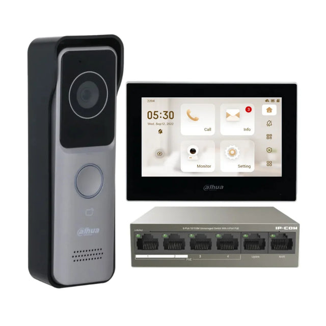 Dahua IP Intercom Kit — 7″ Touchscreen Monitor, VTO2311R-WP Door Station & 4-Port PoE Switch