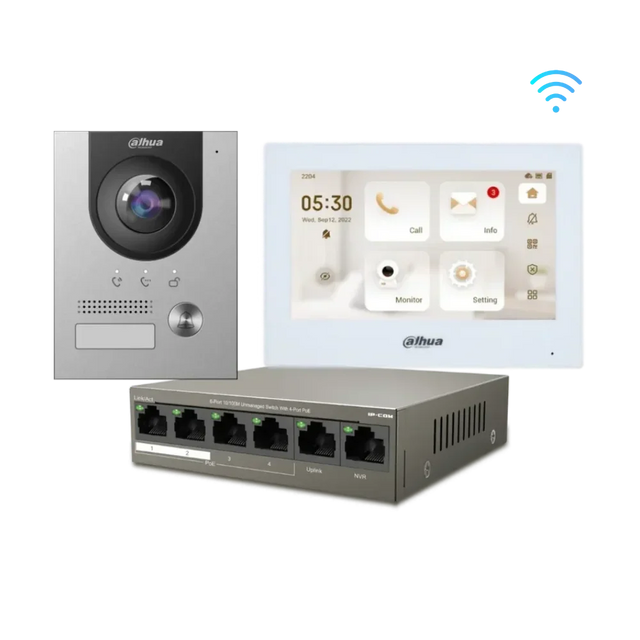 Dahua IP Video Intercom Kit — VTO2202F-P-S2 Door Station, Wi-Fi 7″ Monitor (Black/White) & PoE Switch