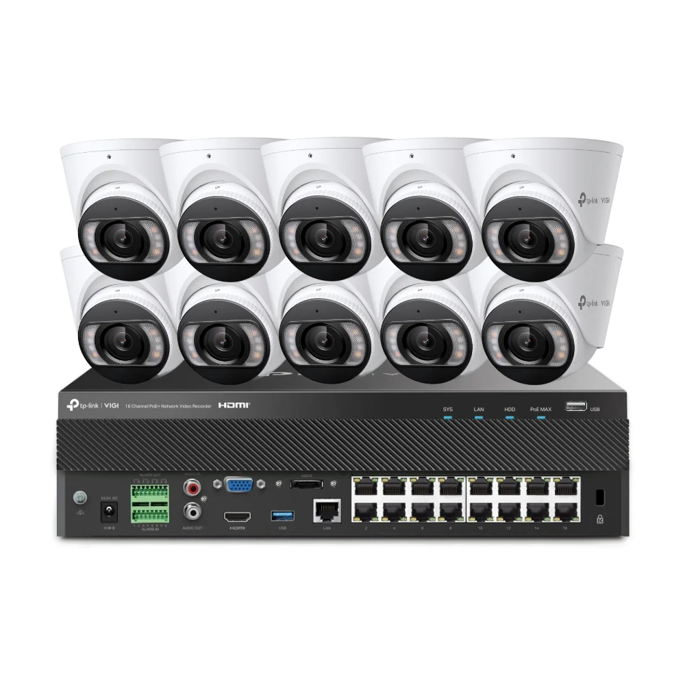 TP-Link VIGI 10 × 8MP 4K Full-Colour Turret Cameras + 16CH PoE+ NVR CCTV Kit