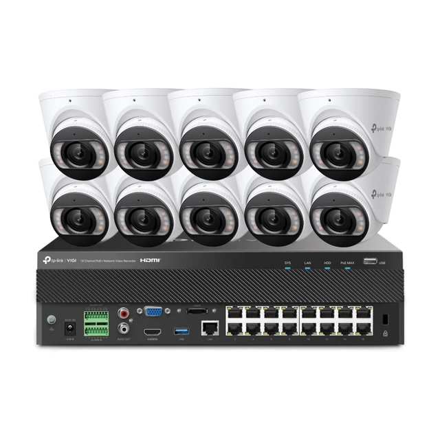 TP-Link VIGI 10 × 8MP 4K Full-Colour Turret Cameras + 16CH PoE+ NVR CCTV Kit